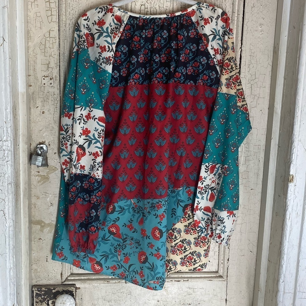 Boho patchwork split neck long sleeve blouse xl - Picture 4 of 4